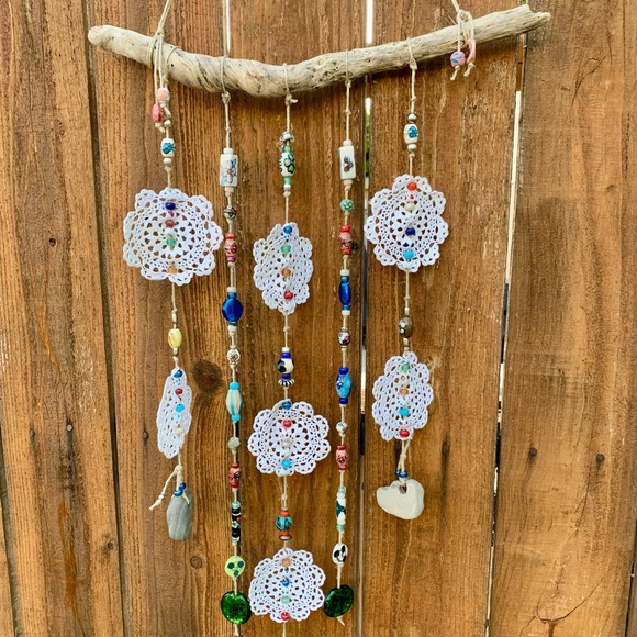 Driftwood Crochet Boho Flowers Of Life Glass Beads Sea Rocks Window Wall Decor - Picture 5 of 15